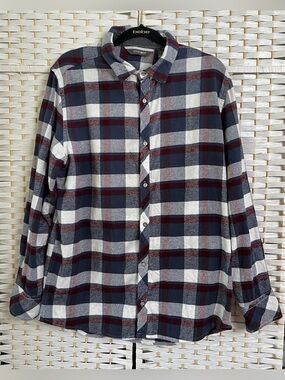 Departwest Plaid Flannel Button Down Shirt Navy Red White Cotton Large